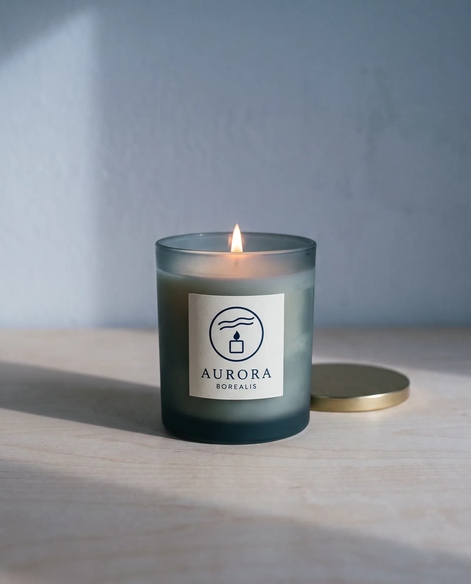 Borealis Candle 8 oz — Black spruce, vetiver, cold air · smoke-blue glass