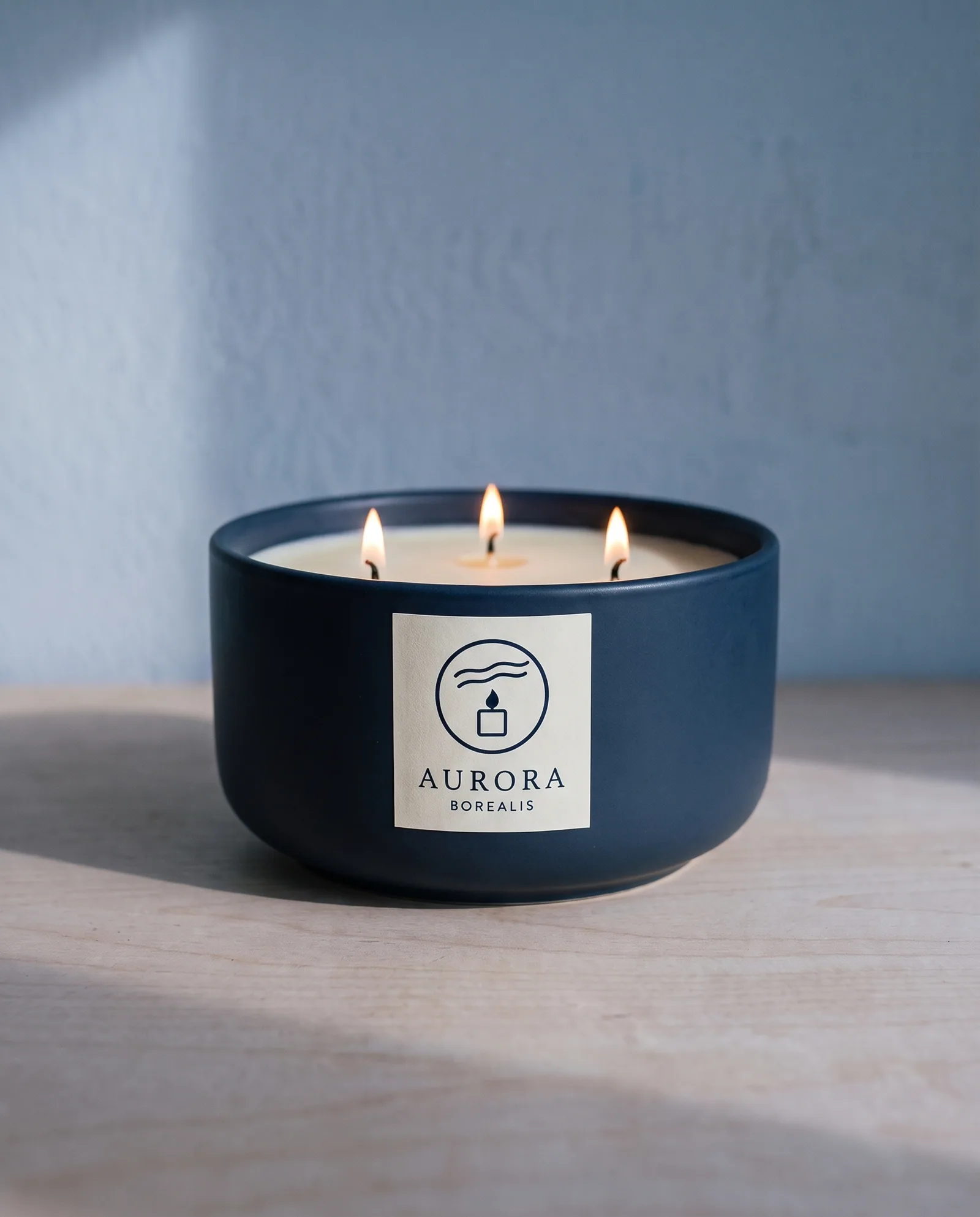 Borealis Three-Wick 22 oz — Black spruce, vetiver, cold air · matte ink-navy ceramic bowl